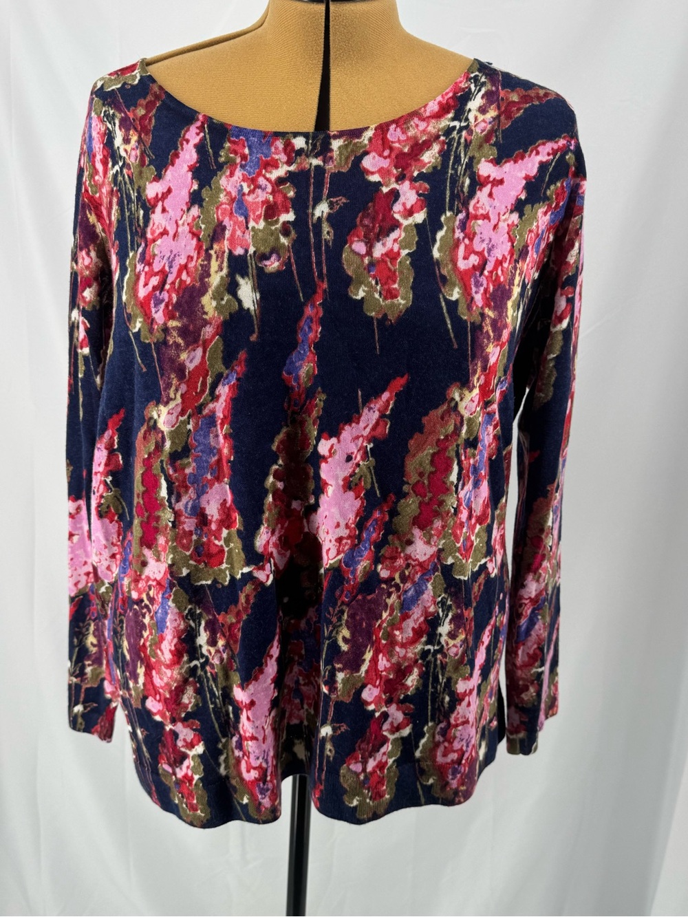 Talbots Navy Crewneck Sweater with Pink and Olive Floral Print 0317